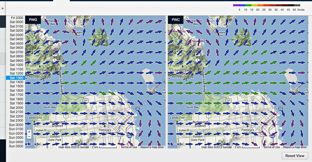 Wind map for September 7, 2013 San Francisco at 1300hrs - Race 1 &copy; PredictWind.com www.predictwind.com